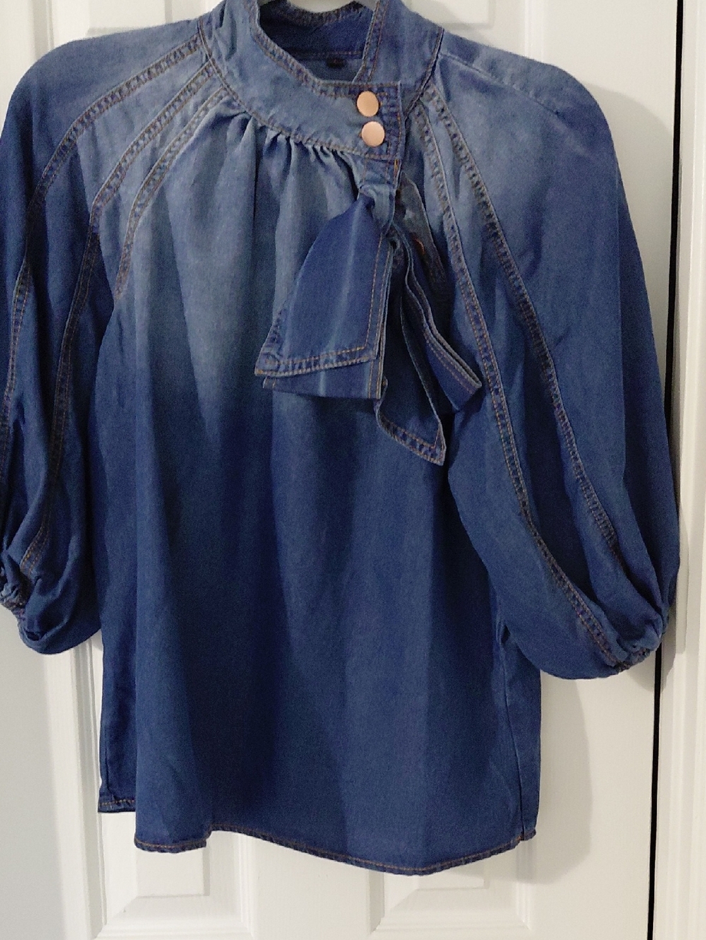 Blue Denim Tie-Neck Puff Sleeve Top